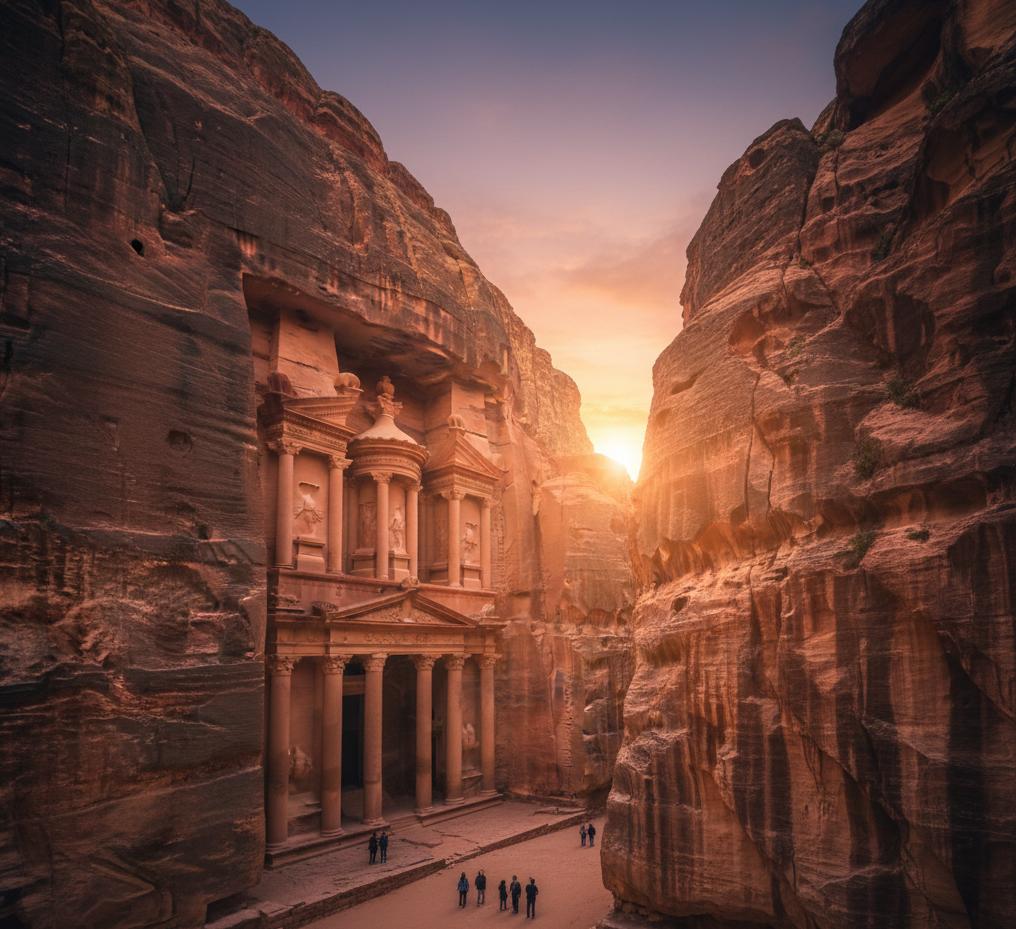 요르단 페트라 알카즈네 유적지 석양 속 여행자들