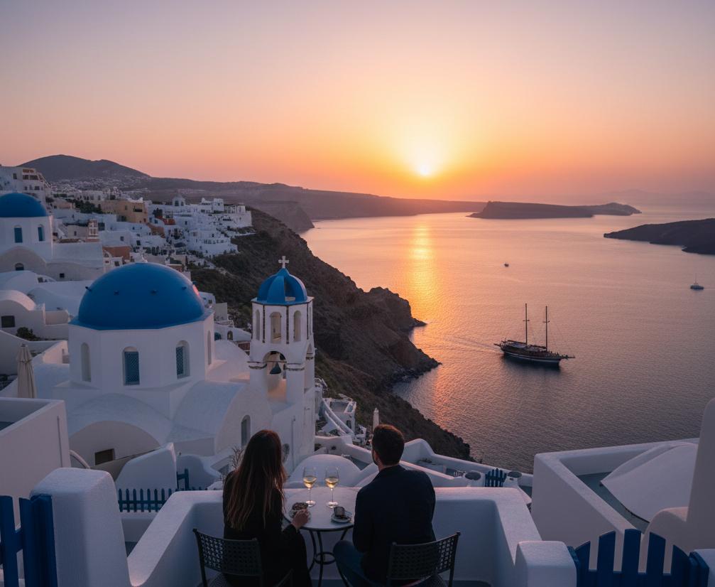 그리스 산토리니 블루돔 교회와 에게해 석양을 감상하는 여행자 커플