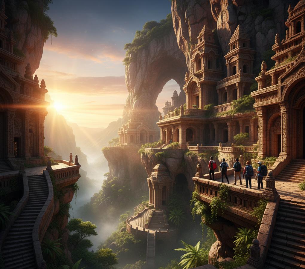 동남아시아 사원과 절벽 사이로 비치는 석양 여행 풍경